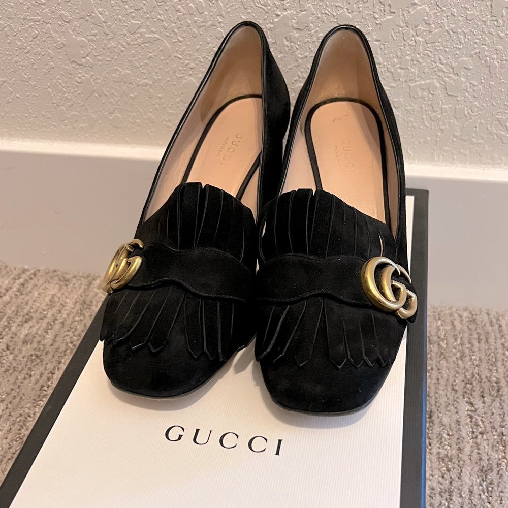 Gucci Marmont Black Suede Women’s Heeled Loafer Pumps
